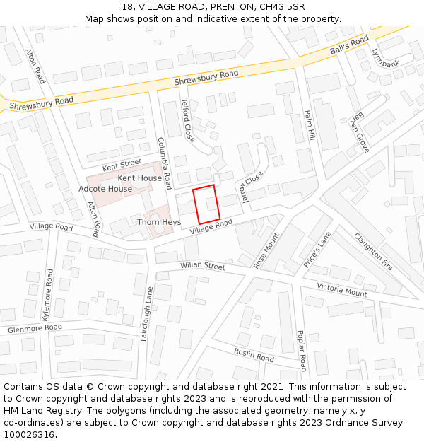 18, VILLAGE ROAD, PRENTON, CH43 5SR: Location map and indicative extent of plot