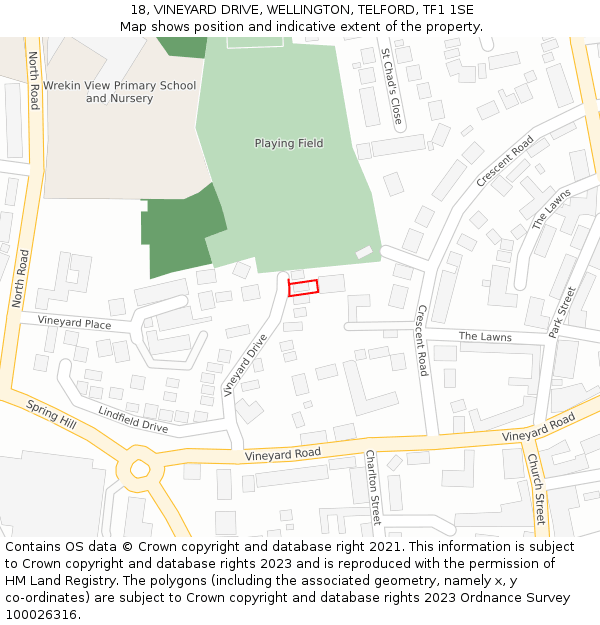 18, VINEYARD DRIVE, WELLINGTON, TELFORD, TF1 1SE: Location map and indicative extent of plot