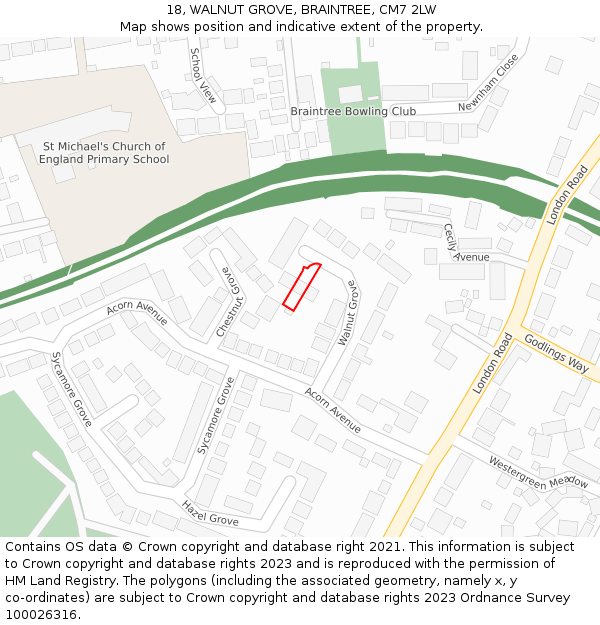 18, WALNUT GROVE, BRAINTREE, CM7 2LW: Location map and indicative extent of plot