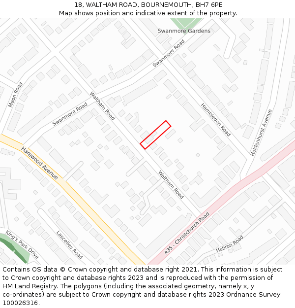 18, WALTHAM ROAD, BOURNEMOUTH, BH7 6PE: Location map and indicative extent of plot