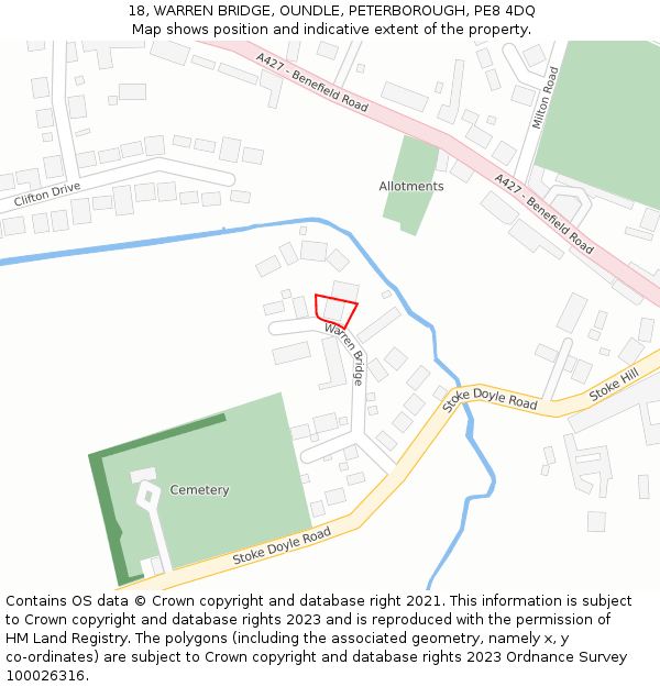 18, WARREN BRIDGE, OUNDLE, PETERBOROUGH, PE8 4DQ: Location map and indicative extent of plot