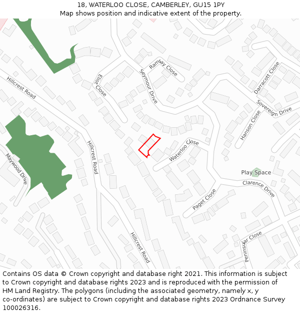 18, WATERLOO CLOSE, CAMBERLEY, GU15 1PY: Location map and indicative extent of plot