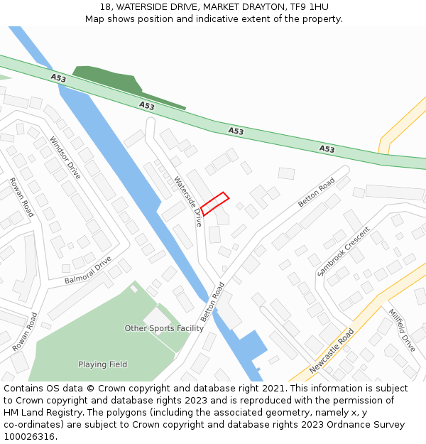18, WATERSIDE DRIVE, MARKET DRAYTON, TF9 1HU: Location map and indicative extent of plot