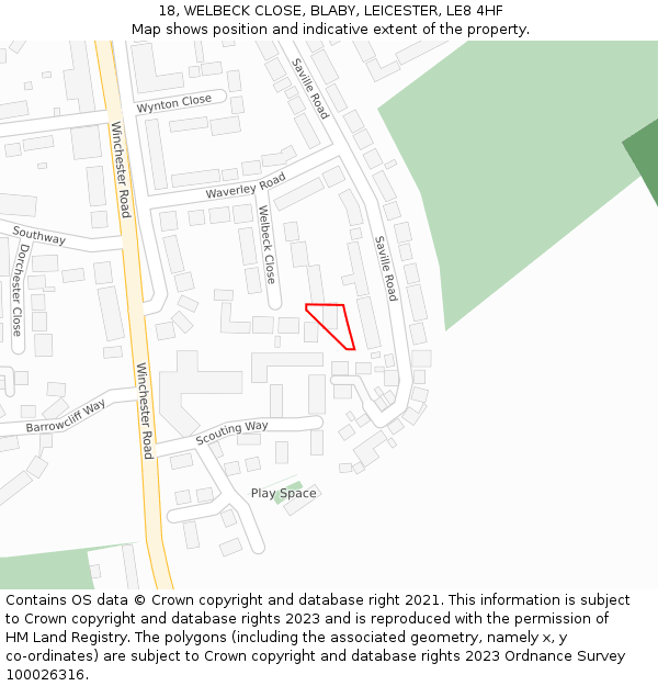 18, WELBECK CLOSE, BLABY, LEICESTER, LE8 4HF: Location map and indicative extent of plot