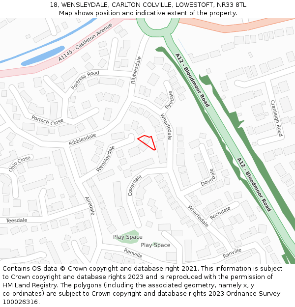 18, WENSLEYDALE, CARLTON COLVILLE, LOWESTOFT, NR33 8TL: Location map and indicative extent of plot