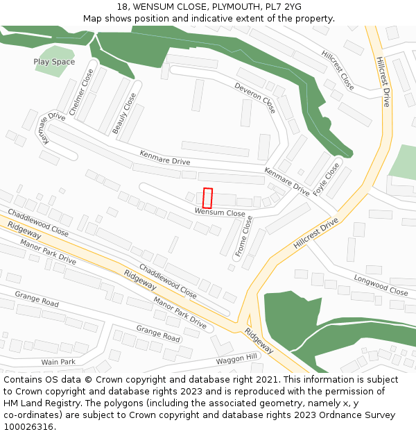 18, WENSUM CLOSE, PLYMOUTH, PL7 2YG: Location map and indicative extent of plot