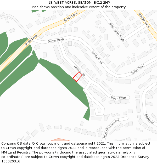 18, WEST ACRES, SEATON, EX12 2HP: Location map and indicative extent of plot