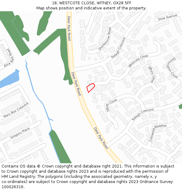 18, WESTCOTE CLOSE, WITNEY, OX28 5FF: Location map and indicative extent of plot