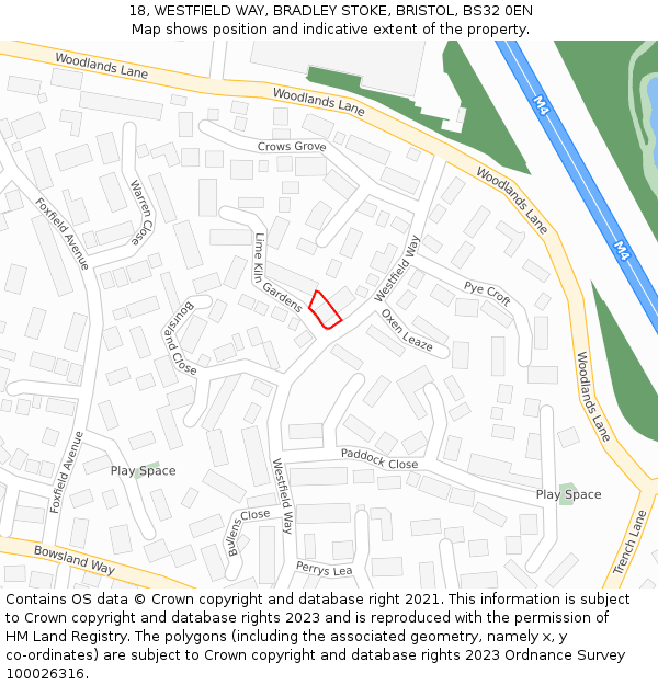 18, WESTFIELD WAY, BRADLEY STOKE, BRISTOL, BS32 0EN: Location map and indicative extent of plot