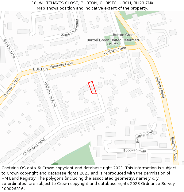 18, WHITEHAYES CLOSE, BURTON, CHRISTCHURCH, BH23 7NX: Location map and indicative extent of plot