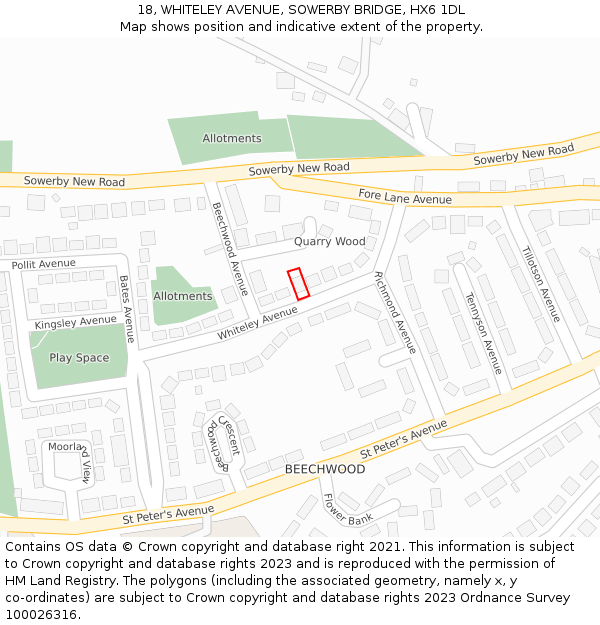 18, WHITELEY AVENUE, SOWERBY BRIDGE, HX6 1DL: Location map and indicative extent of plot