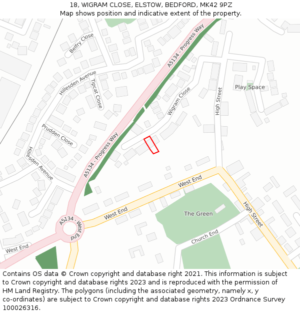 18, WIGRAM CLOSE, ELSTOW, BEDFORD, MK42 9PZ: Location map and indicative extent of plot