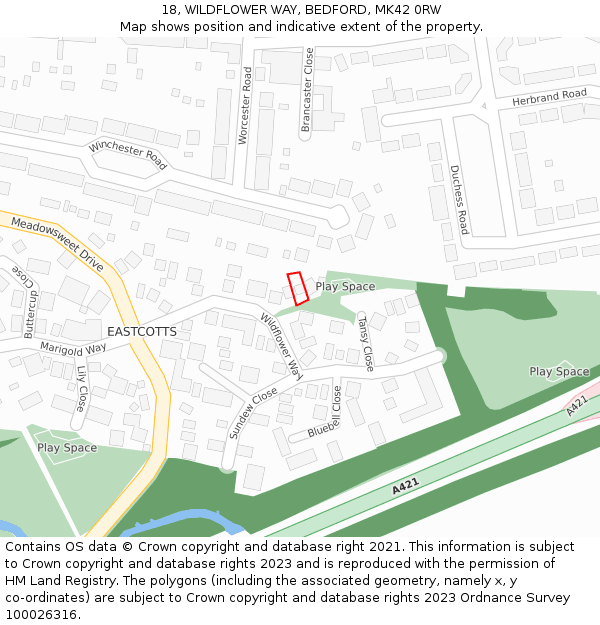 18, WILDFLOWER WAY, BEDFORD, MK42 0RW: Location map and indicative extent of plot