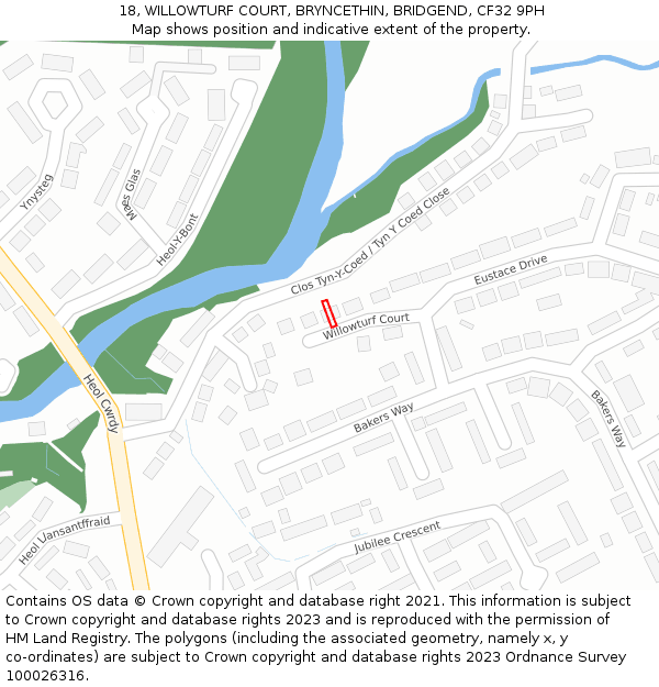 18, WILLOWTURF COURT, BRYNCETHIN, BRIDGEND, CF32 9PH: Location map and indicative extent of plot