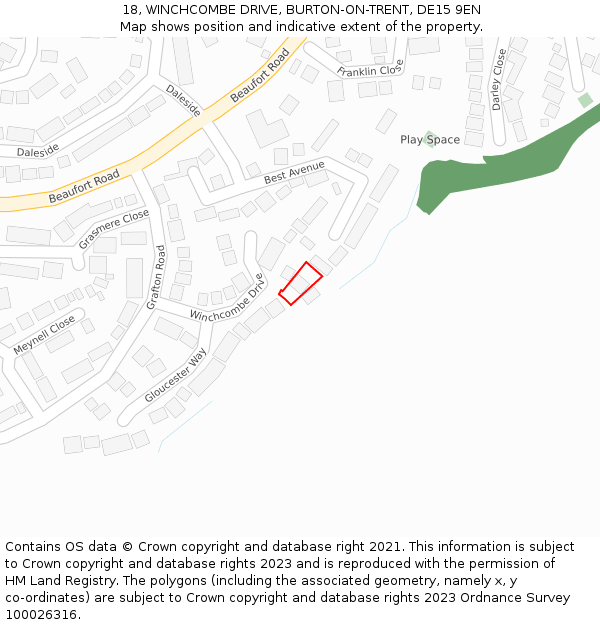 18, WINCHCOMBE DRIVE, BURTON-ON-TRENT, DE15 9EN: Location map and indicative extent of plot