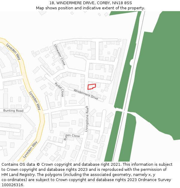 18, WINDERMERE DRIVE, CORBY, NN18 8SS: Location map and indicative extent of plot