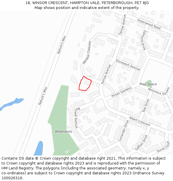 18, WINSOR CRESCENT, HAMPTON VALE, PETERBOROUGH, PE7 8JG: Location map and indicative extent of plot