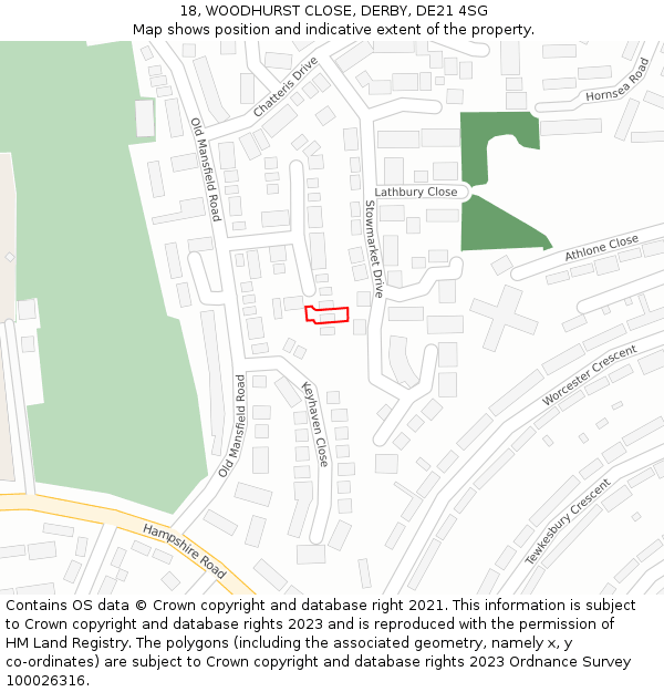 18, WOODHURST CLOSE, DERBY, DE21 4SG: Location map and indicative extent of plot