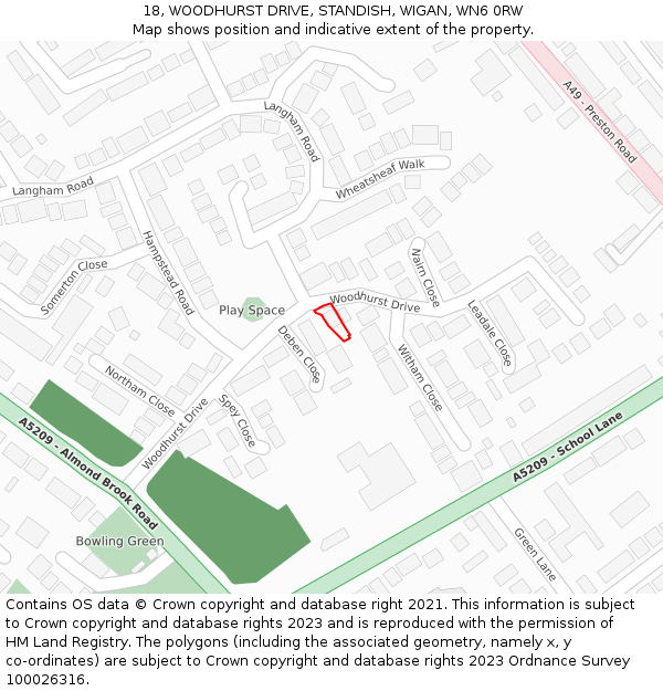 18, WOODHURST DRIVE, STANDISH, WIGAN, WN6 0RW: Location map and indicative extent of plot