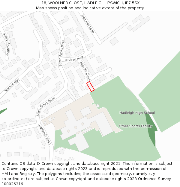 18, WOOLNER CLOSE, HADLEIGH, IPSWICH, IP7 5SX: Location map and indicative extent of plot