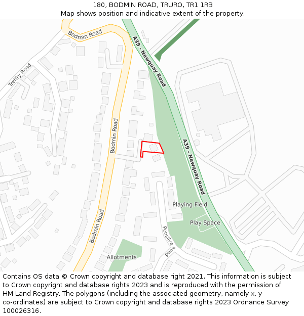 180, BODMIN ROAD, TRURO, TR1 1RB: Location map and indicative extent of plot