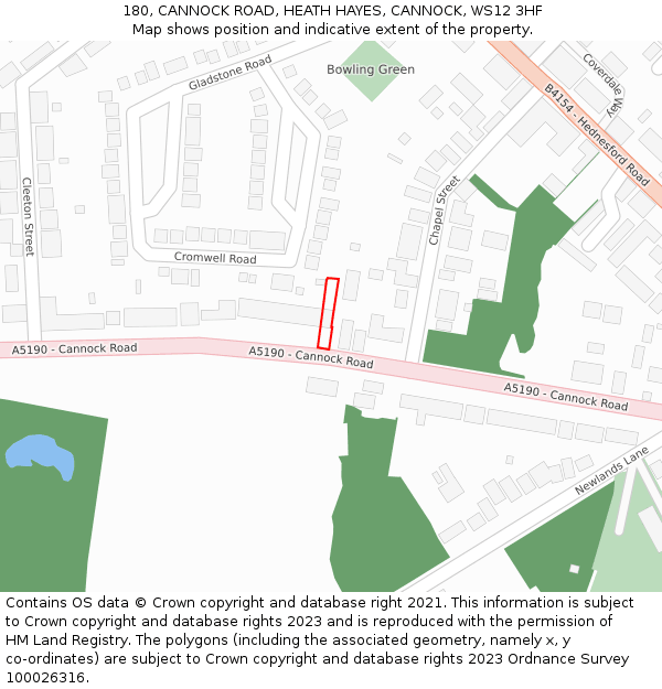 180, CANNOCK ROAD, HEATH HAYES, CANNOCK, WS12 3HF: Location map and indicative extent of plot