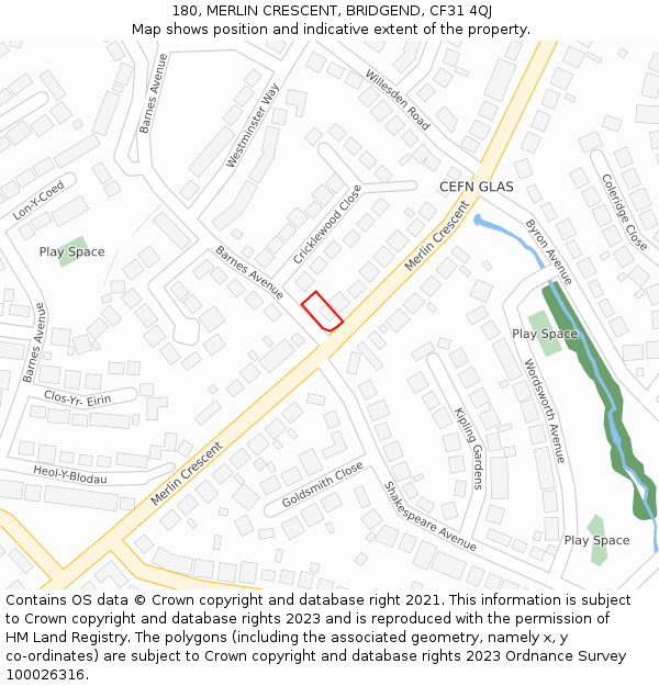 180, MERLIN CRESCENT, BRIDGEND, CF31 4QJ: Location map and indicative extent of plot