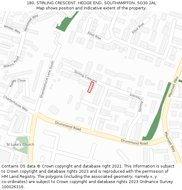 180, STIRLING CRESCENT, HEDGE END, SOUTHAMPTON, SO30 2AL: Location map and indicative extent of plot