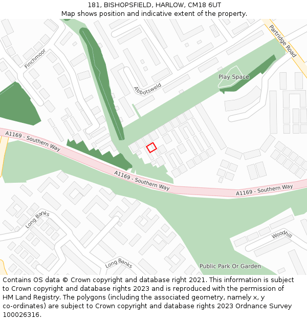 181, BISHOPSFIELD, HARLOW, CM18 6UT: Location map and indicative extent of plot