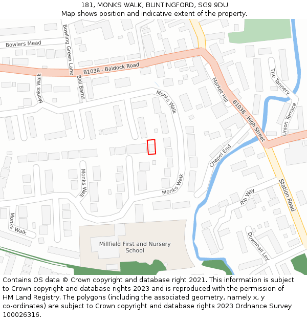 181, MONKS WALK, BUNTINGFORD, SG9 9DU: Location map and indicative extent of plot