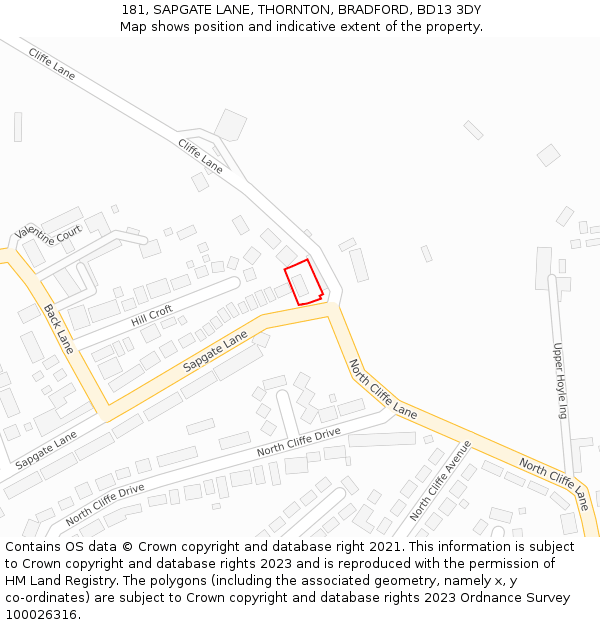 181, SAPGATE LANE, THORNTON, BRADFORD, BD13 3DY: Location map and indicative extent of plot