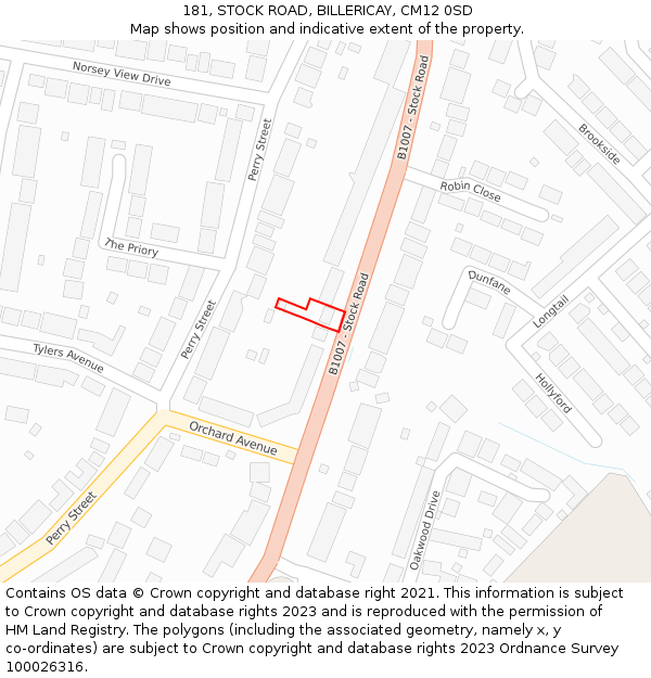 181, STOCK ROAD, BILLERICAY, CM12 0SD: Location map and indicative extent of plot