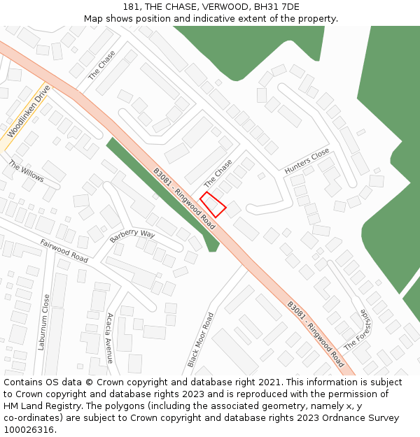 181, THE CHASE, VERWOOD, BH31 7DE: Location map and indicative extent of plot
