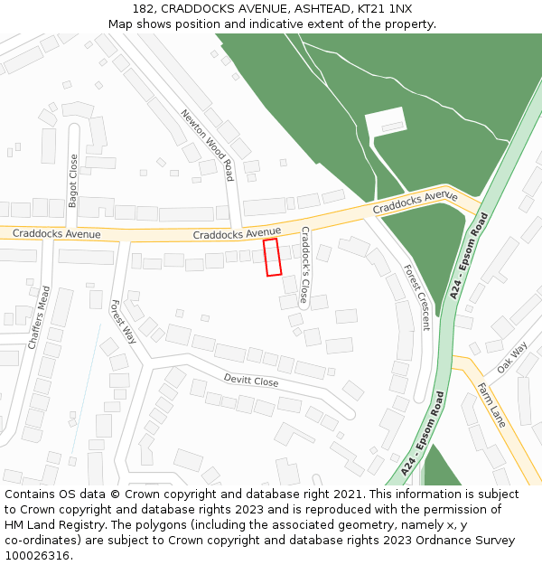 182, CRADDOCKS AVENUE, ASHTEAD, KT21 1NX: Location map and indicative extent of plot