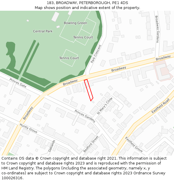 183, BROADWAY, PETERBOROUGH, PE1 4DS: Location map and indicative extent of plot
