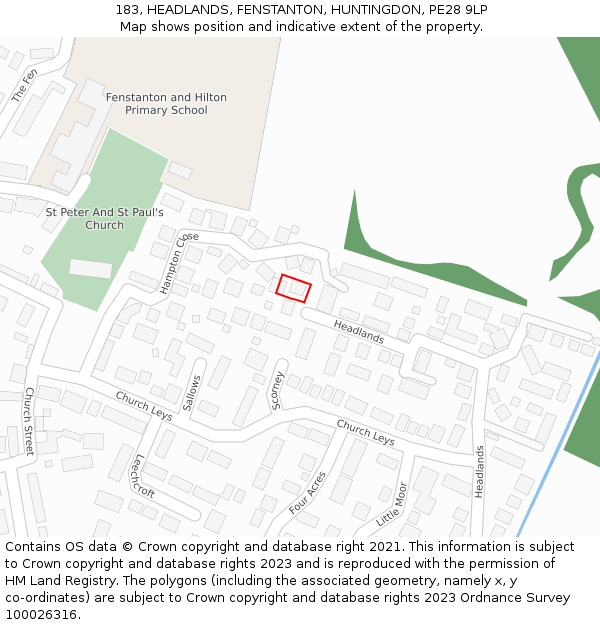183, HEADLANDS, FENSTANTON, HUNTINGDON, PE28 9LP: Location map and indicative extent of plot