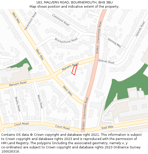 183, MALVERN ROAD, BOURNEMOUTH, BH9 3BU: Location map and indicative extent of plot