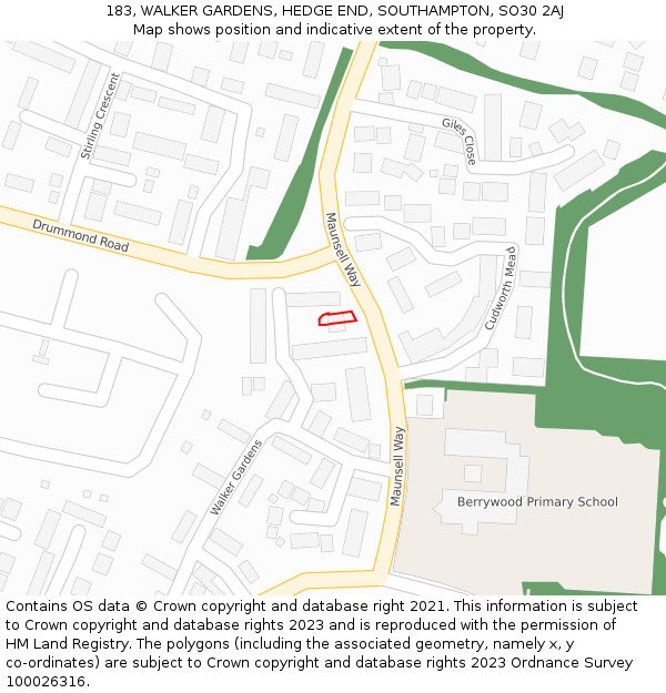 183, WALKER GARDENS, HEDGE END, SOUTHAMPTON, SO30 2AJ: Location map and indicative extent of plot