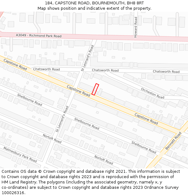 184, CAPSTONE ROAD, BOURNEMOUTH, BH8 8RT: Location map and indicative extent of plot