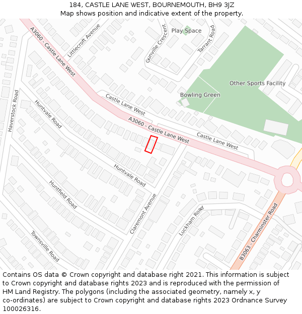 184, CASTLE LANE WEST, BOURNEMOUTH, BH9 3JZ: Location map and indicative extent of plot