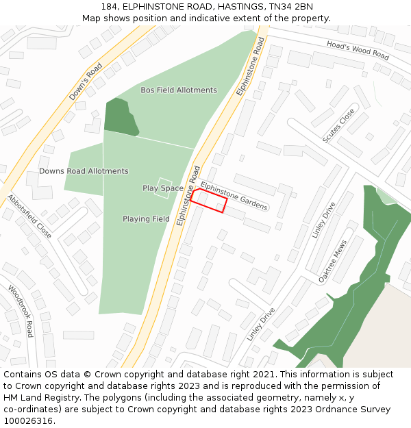 184, ELPHINSTONE ROAD, HASTINGS, TN34 2BN: Location map and indicative extent of plot