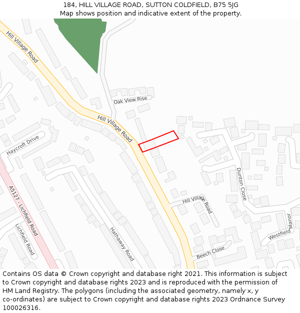 184, HILL VILLAGE ROAD, SUTTON COLDFIELD, B75 5JG: Location map and indicative extent of plot