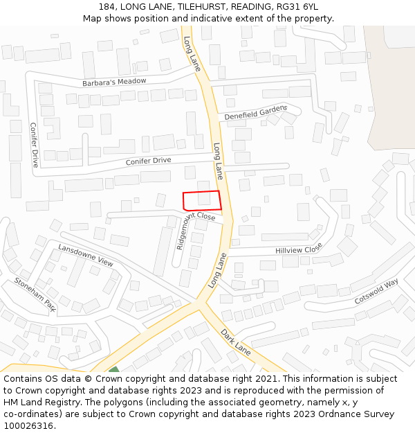 184, LONG LANE, TILEHURST, READING, RG31 6YL: Location map and indicative extent of plot