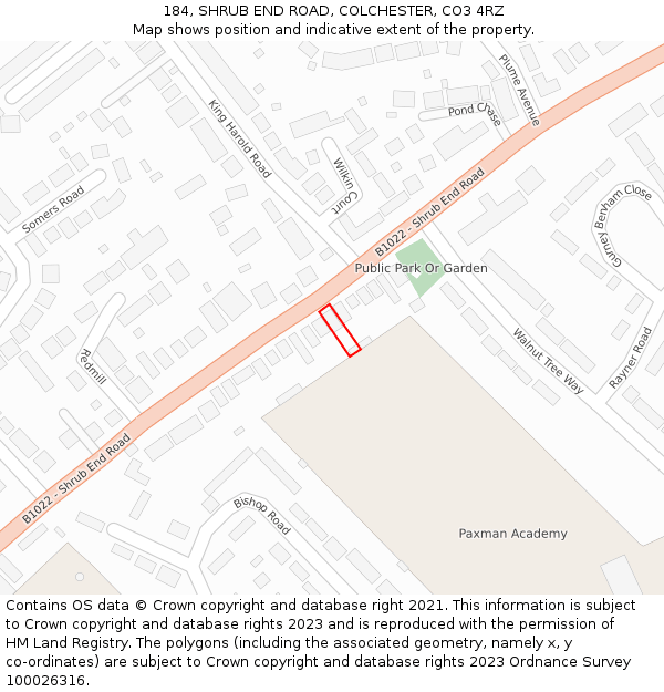 184, SHRUB END ROAD, COLCHESTER, CO3 4RZ: Location map and indicative extent of plot