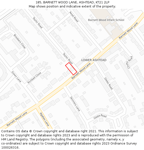 185, BARNETT WOOD LANE, ASHTEAD, KT21 2LP: Location map and indicative extent of plot