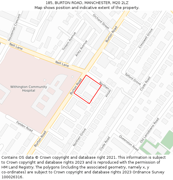 185, BURTON ROAD, MANCHESTER, M20 2LZ: Location map and indicative extent of plot