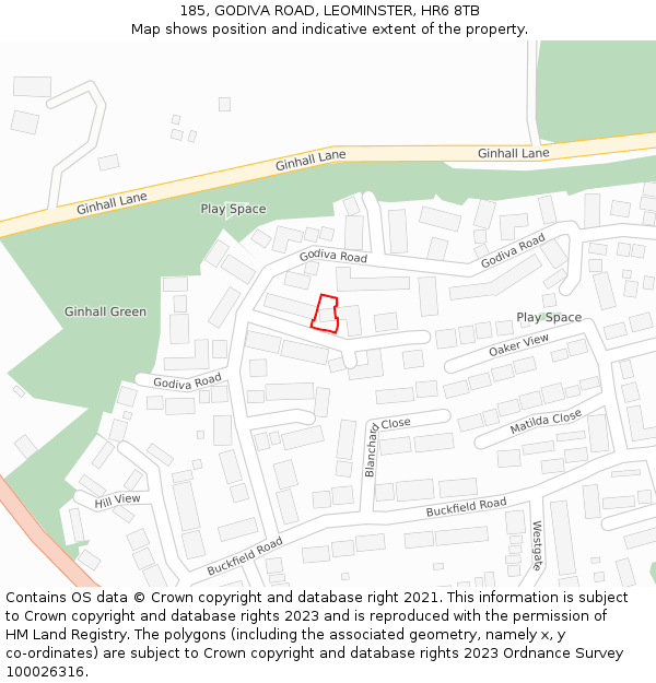 185, GODIVA ROAD, LEOMINSTER, HR6 8TB: Location map and indicative extent of plot