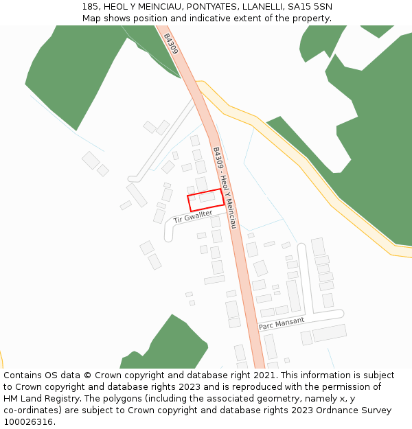 185, HEOL Y MEINCIAU, PONTYATES, LLANELLI, SA15 5SN: Location map and indicative extent of plot