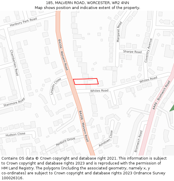185, MALVERN ROAD, WORCESTER, WR2 4NN: Location map and indicative extent of plot