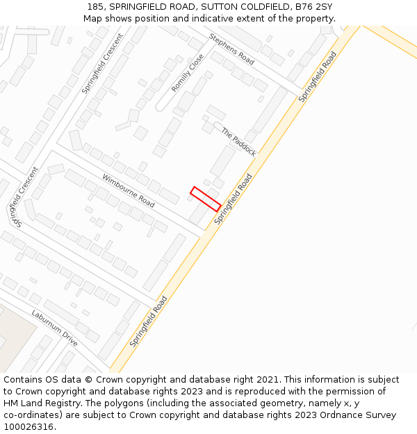 185, SPRINGFIELD ROAD, SUTTON COLDFIELD, B76 2SY: Location map and indicative extent of plot